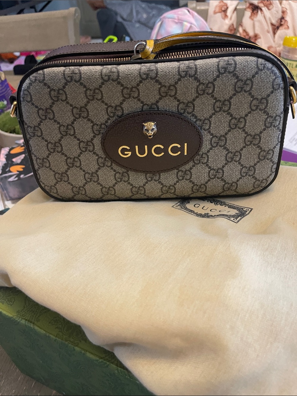 Gucci Brown GG Supreme Canvas Crossbody with Gold Logo